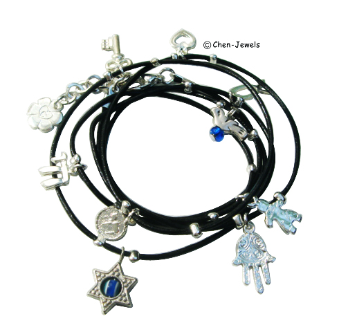 Multi Jewish Charms Black Wrap Bracelet